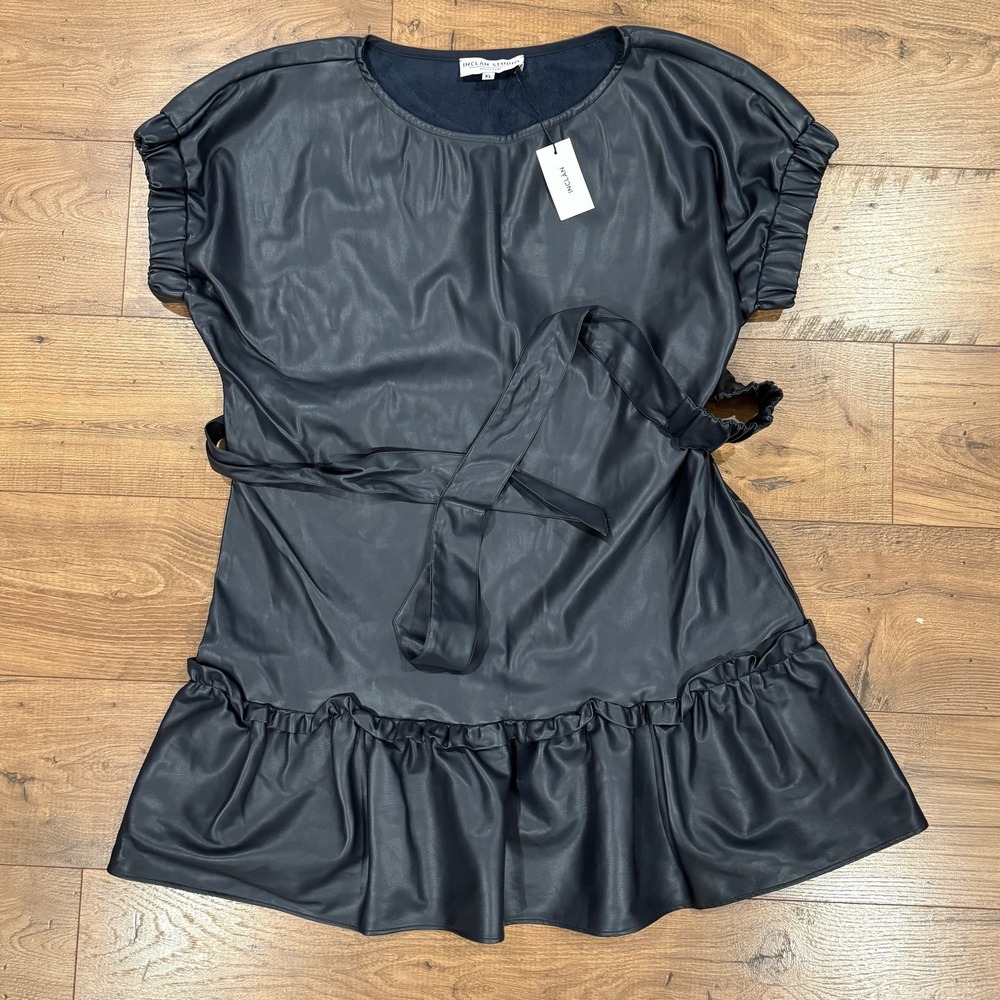 Inclan Studio Millie Vegan Faux Leather Mini Dress NEW XL Blue Belted NWT